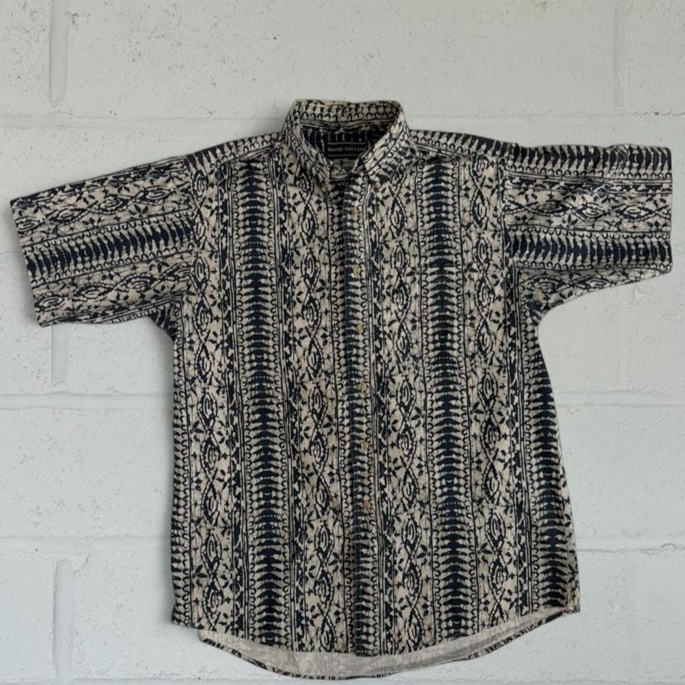 Vintage 90s David Taylor Batik Short Sleeve Shirt Black Cream Mens Medium
